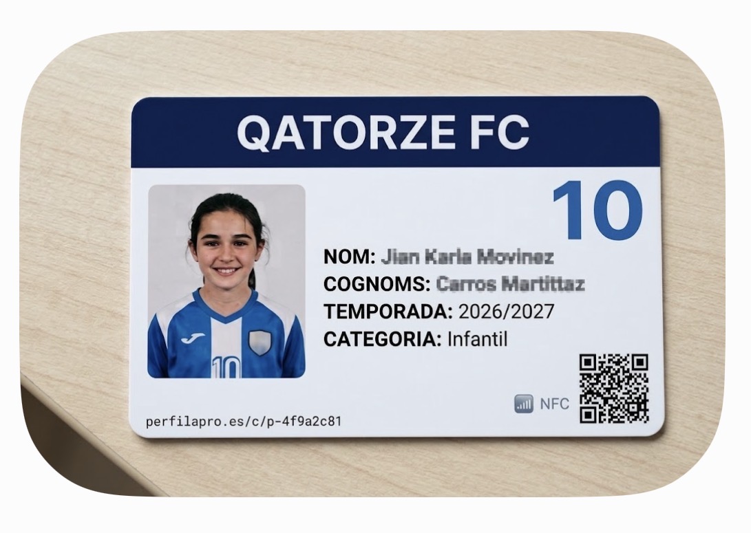 Carnet de jugadora en PVC amb escut del club, foto, dorsal, categoria, xip NFC i codi QR a la seva fitxa