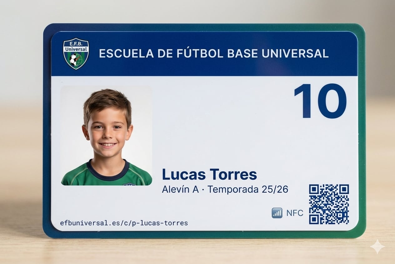 Carnet de jugador en PVC con escudo del club, foto, dorsal 10, categoría Alevín, chip NFC y código QR a su ficha