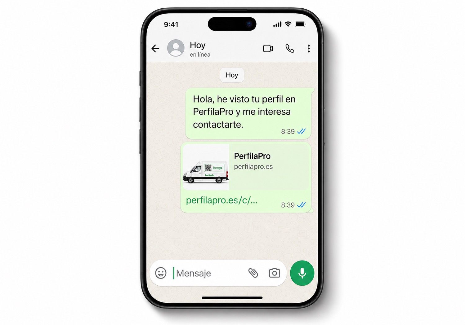 Conversación de WhatsApp con preview enriquecido del perfil PerfilaPro